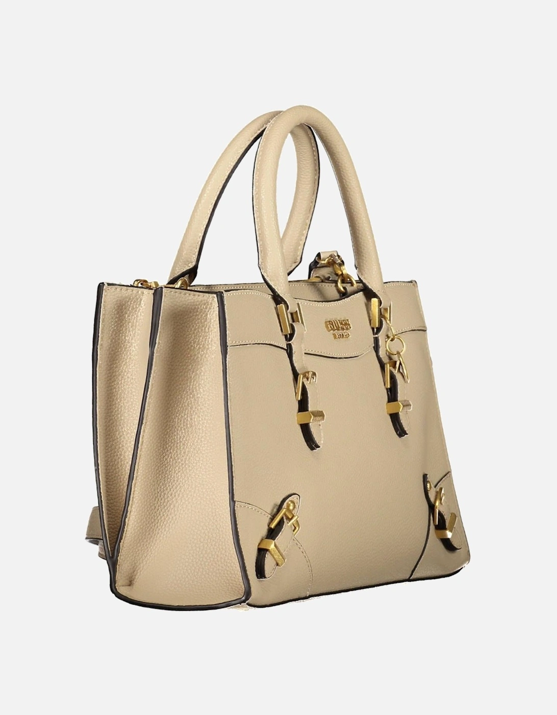 Beige Multi-Compartment Handbag with Removable Strap and Contrasting