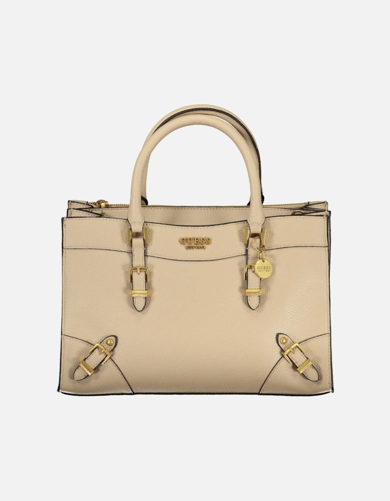 Beige Multi-Compartment Handbag with Removable Strap and Contrasting