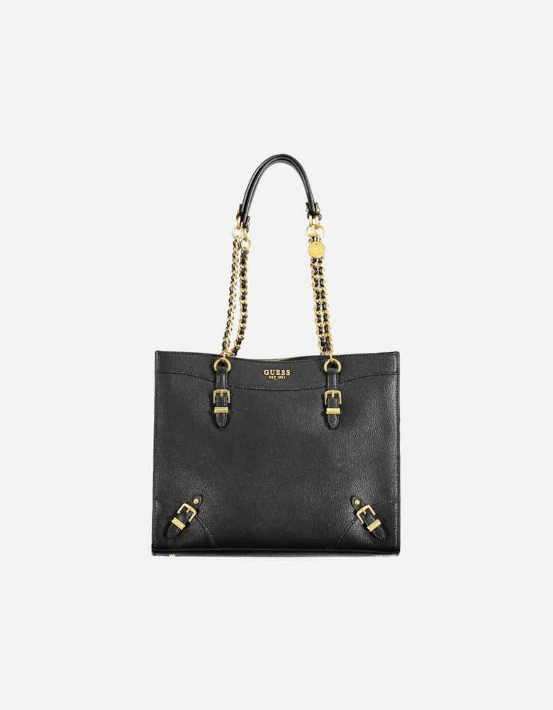 Chic Black Shoulder Bag with Chain Handles and Ample Storage Women