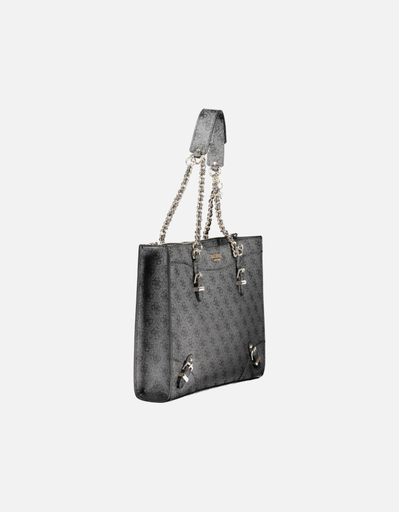 Black Chain Shoulder Bag with Multiple Pockets and Zip Closure Women