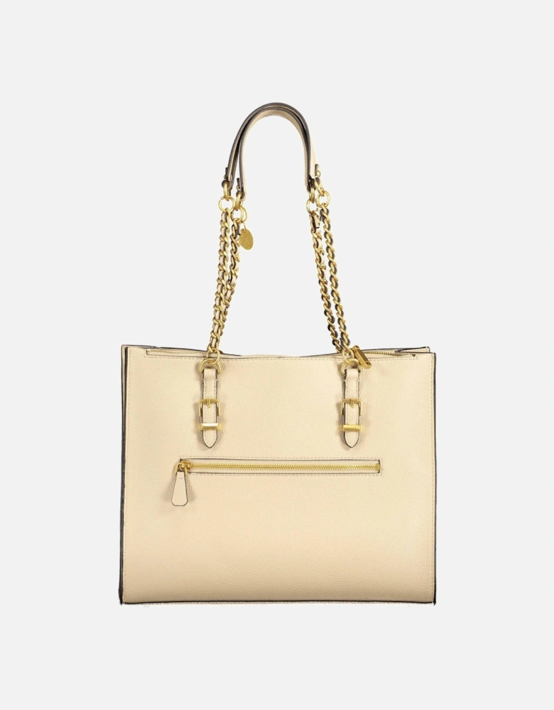 Chain Handle Beige Handbag with External Pockets and Logo Zipper Women