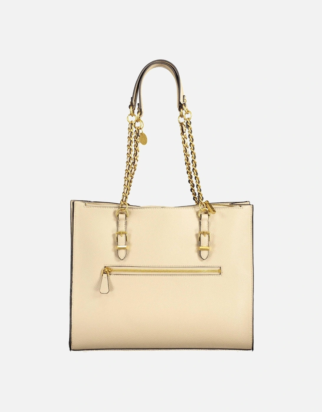 Chain Handle Beige Handbag with External Pockets and Logo Zipper Women