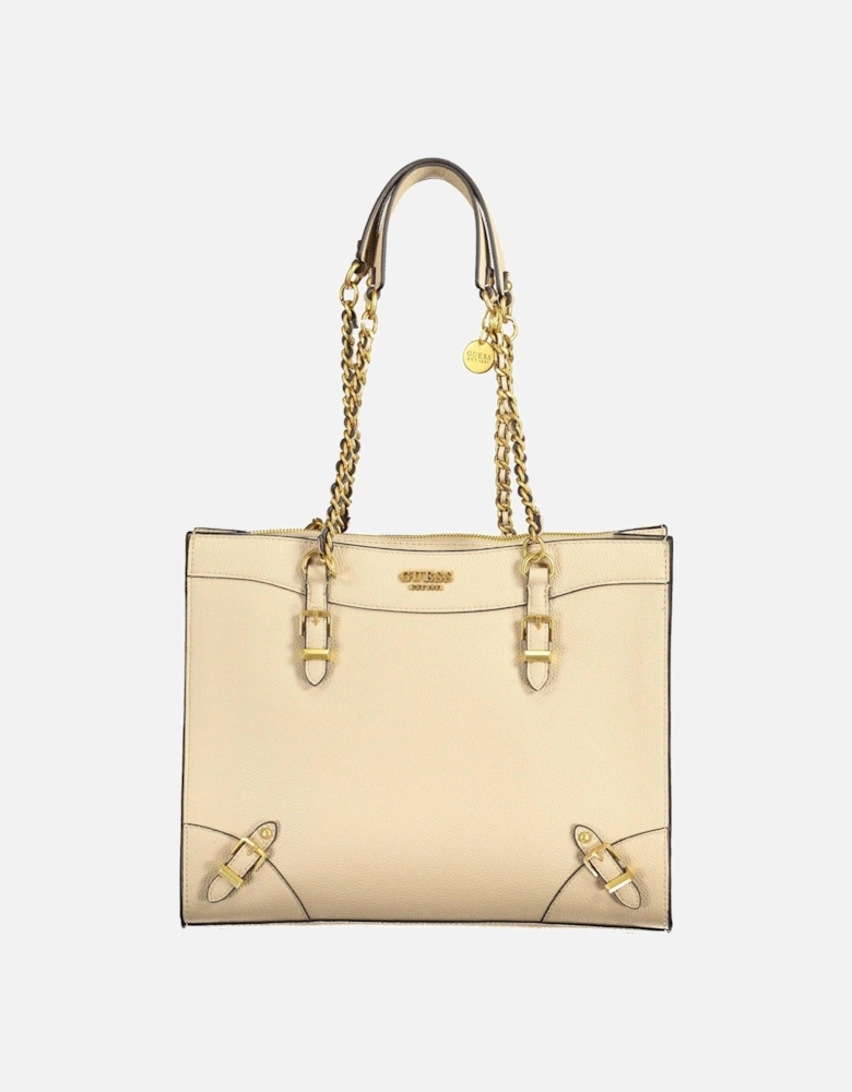 Chain Handle Beige Handbag with External Pockets and Logo Zipper Women