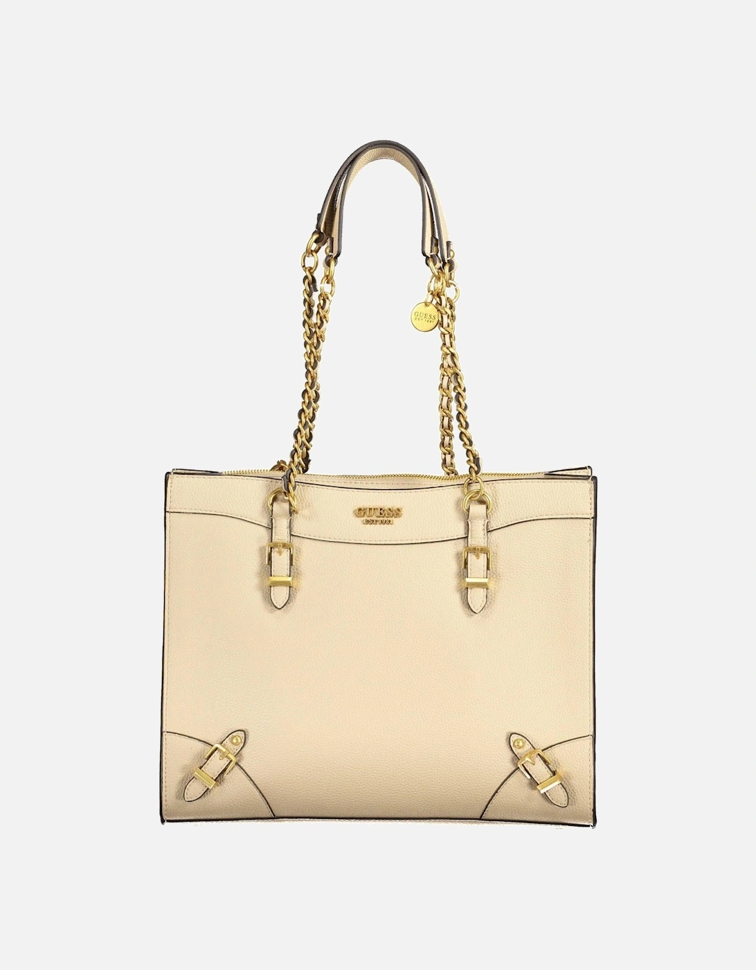 Chain Handle Beige Handbag with External Pockets and Logo Zipper Women, 4 of 3