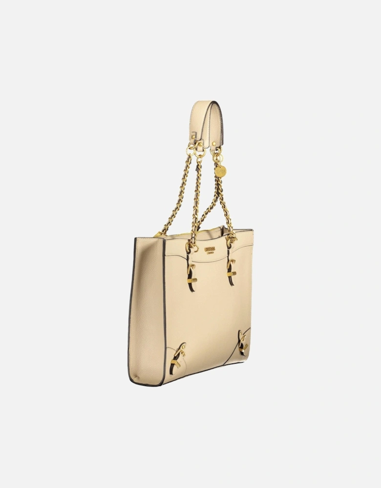 Chain Handle Beige Handbag with External Pockets and Logo Zipper Women
