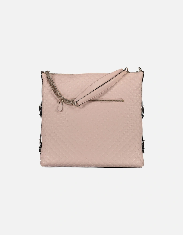 Pink Chain-Handle Shoulder Bag with External Pocket and Zip Closure.