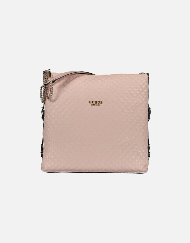 Pink Chain-Handle Shoulder Bag with External Pocket and Zip Closure.