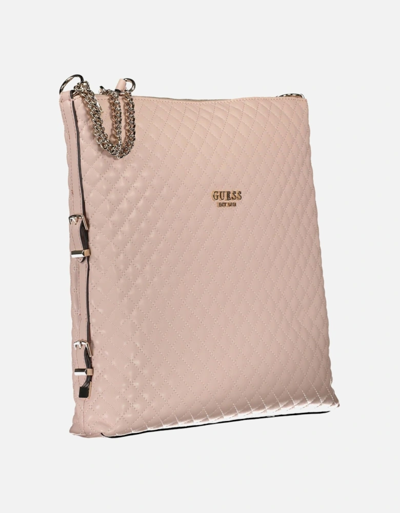 Pink Chain-Handle Shoulder Bag with External Pocket and Zip Closure.