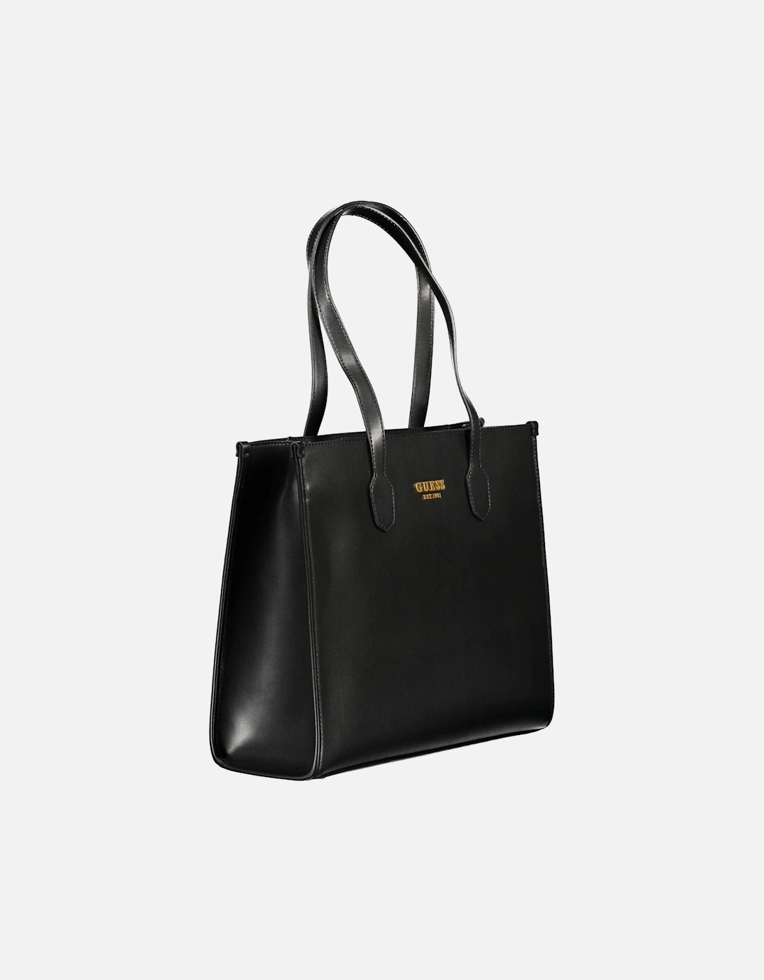 Black Shoulder Bag with Multiple Compartments and External Pocket.