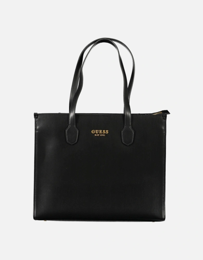 Black Shoulder Bag with Multiple Compartments and External Pocket.