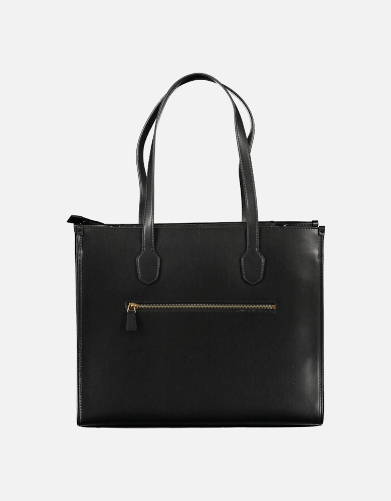 Black Shoulder Bag with Multiple Compartments and External Pocket.