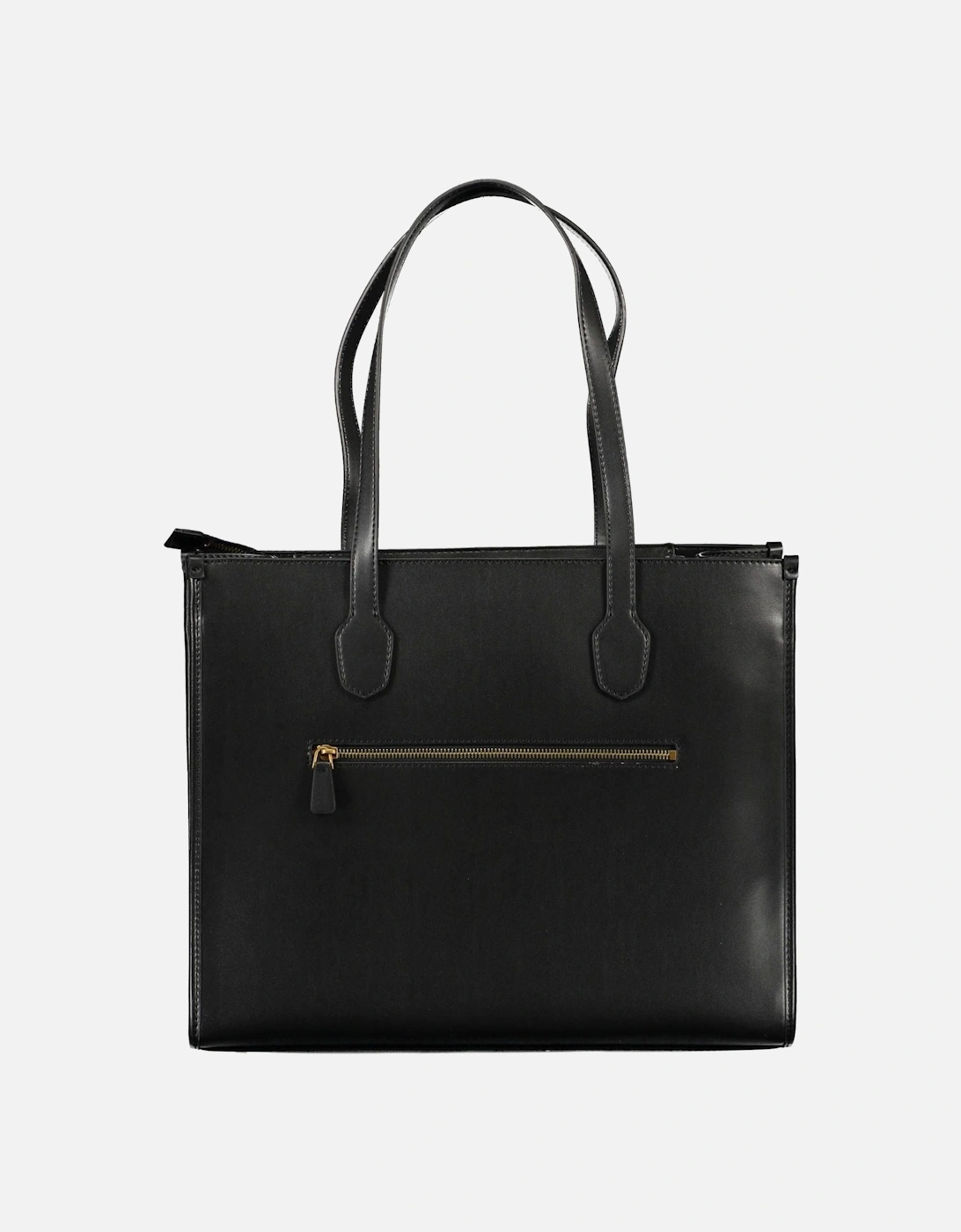 Black Shoulder Bag with Multiple Compartments and External Pocket.