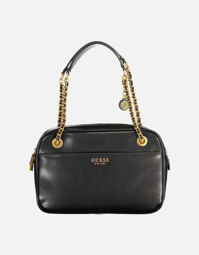 Versatile Black Shoulder Bag with Chain Handles and Multiple Pockets