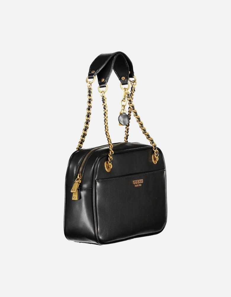 Versatile Black Shoulder Bag with Chain Handles and Multiple Pockets