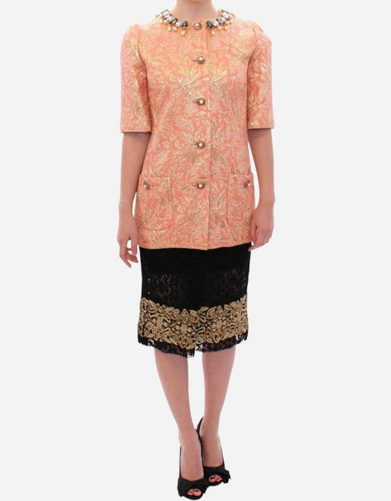 Brocade Jacket Skirt Set Peach Floral Women - Pink Jackets