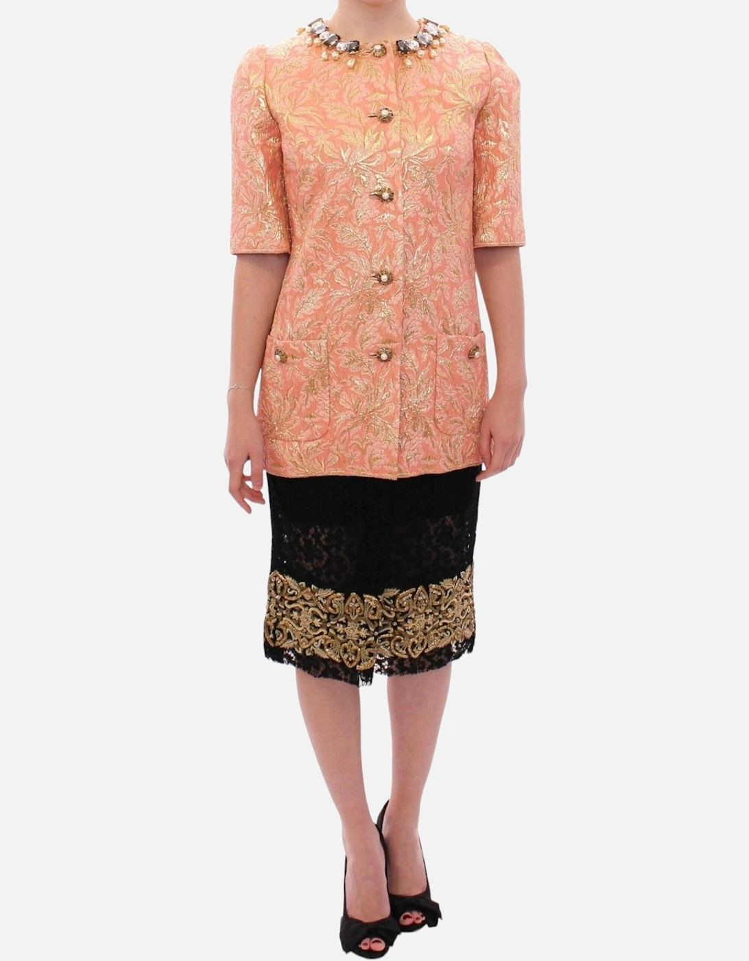 Brocade Jacket Skirt Set Peach Floral Women - Pink Jackets, 7 of 6