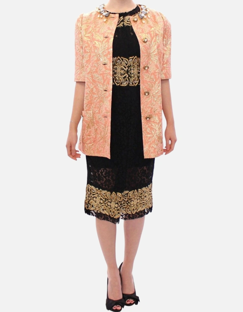 Brocade Jacket Skirt Set Peach Floral Women - Pink Jackets