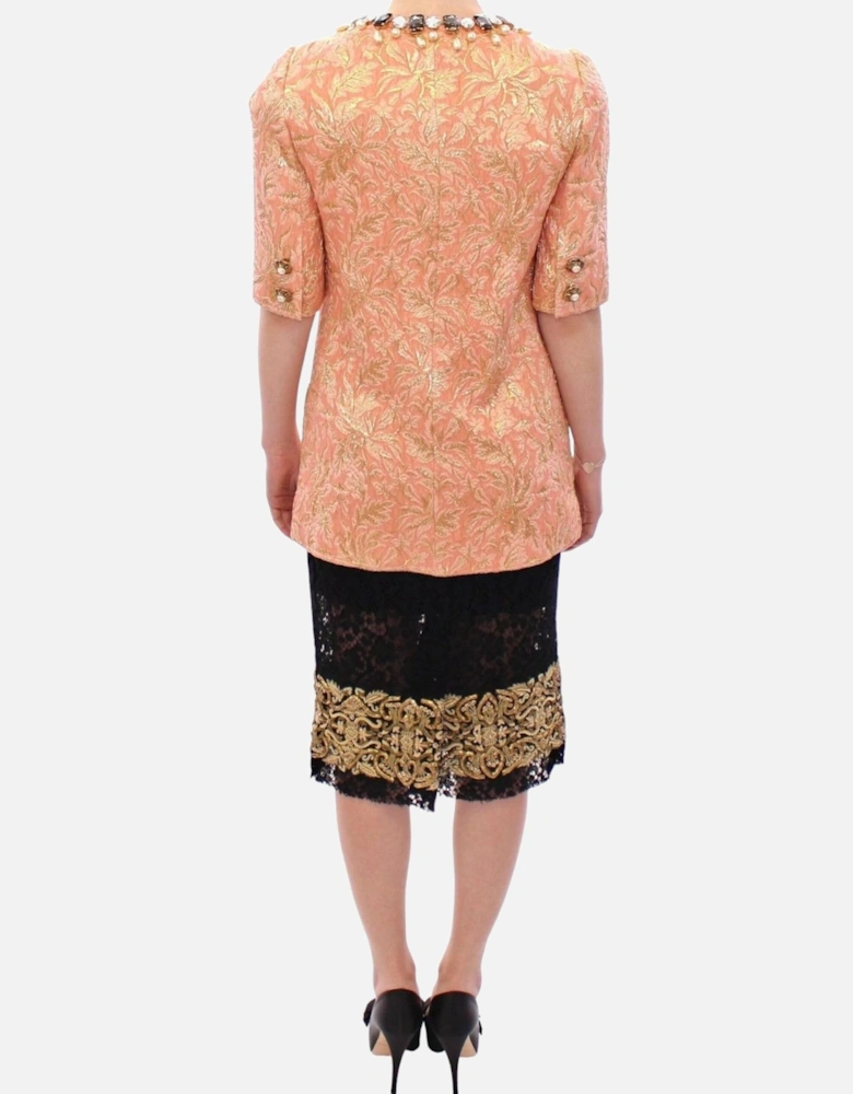 Brocade Jacket Skirt Set Peach Floral Women - Pink Jackets