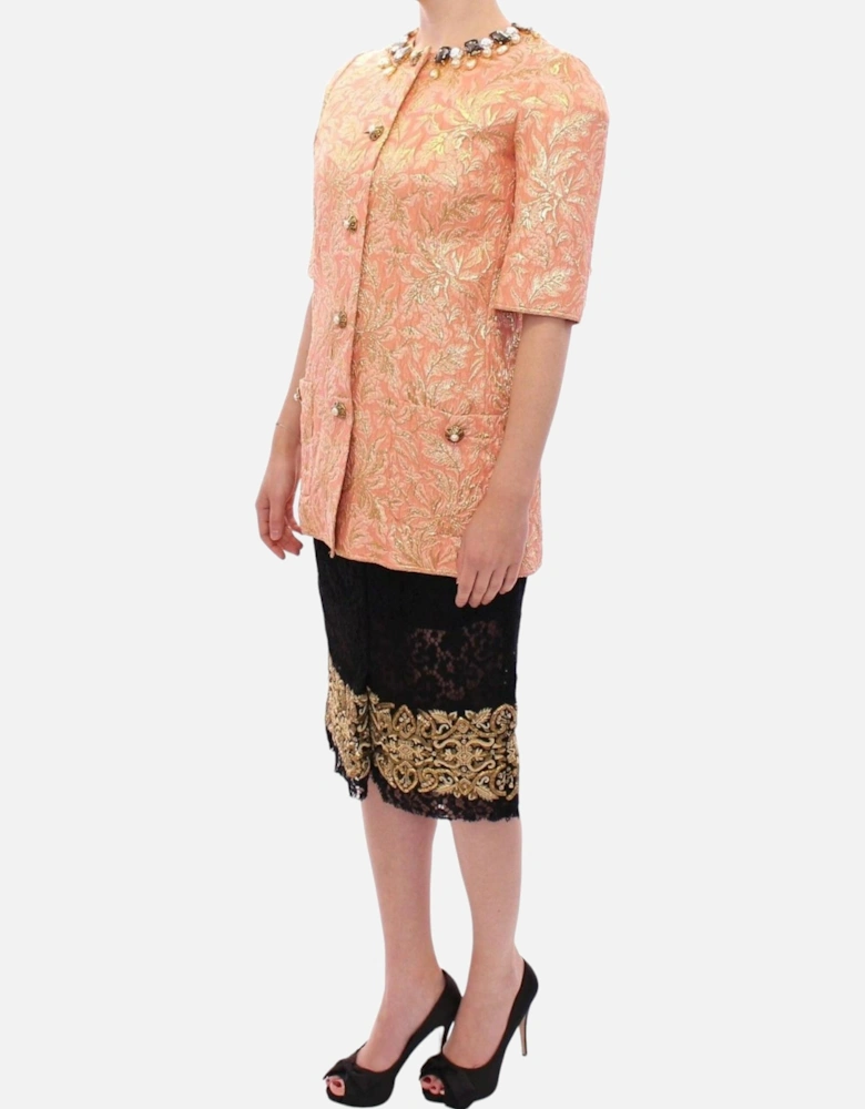 Brocade Jacket Skirt Set Peach Floral Women - Pink Jackets