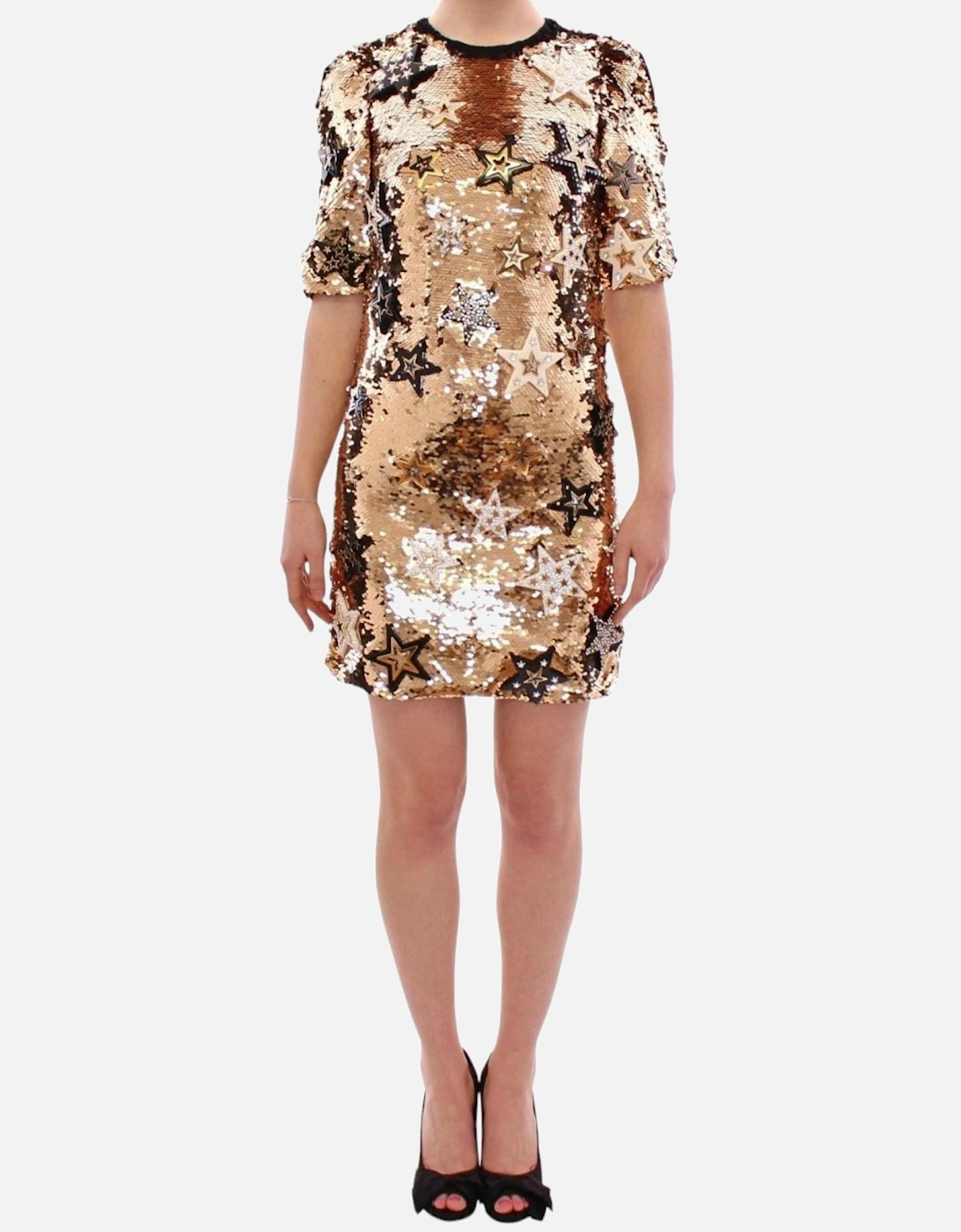 Gold Sequined Swarovski Stars Sheath Dress Women - Yellow Dresses, 7 of 6
