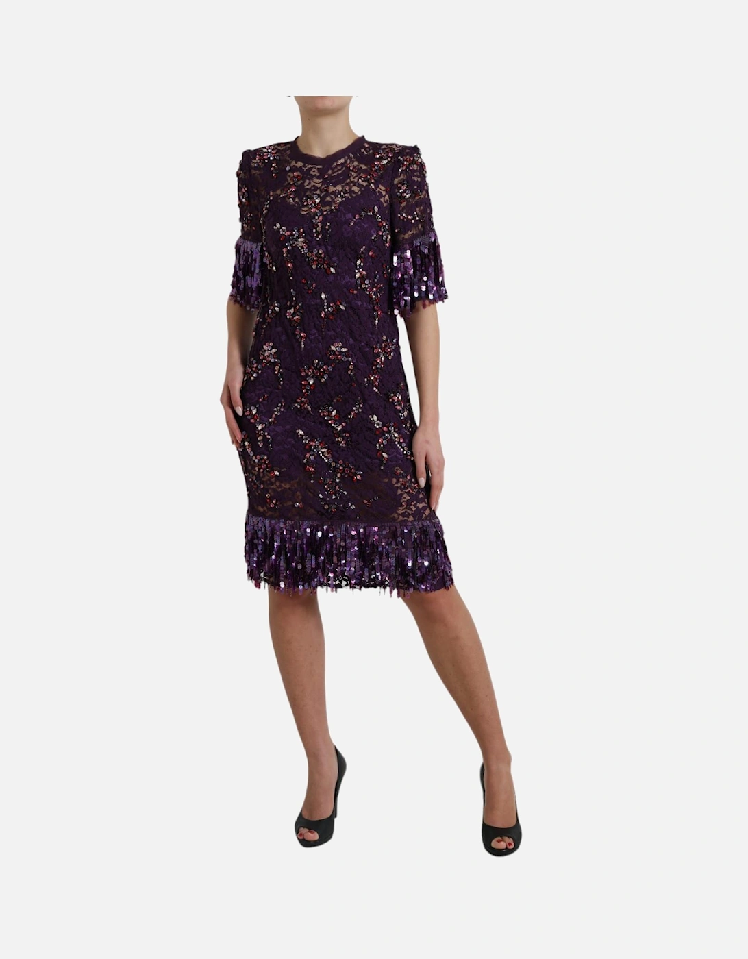 Floral Lace Crystal Embellished Sheath Dress Women - Purple Dresses, 5 of 4