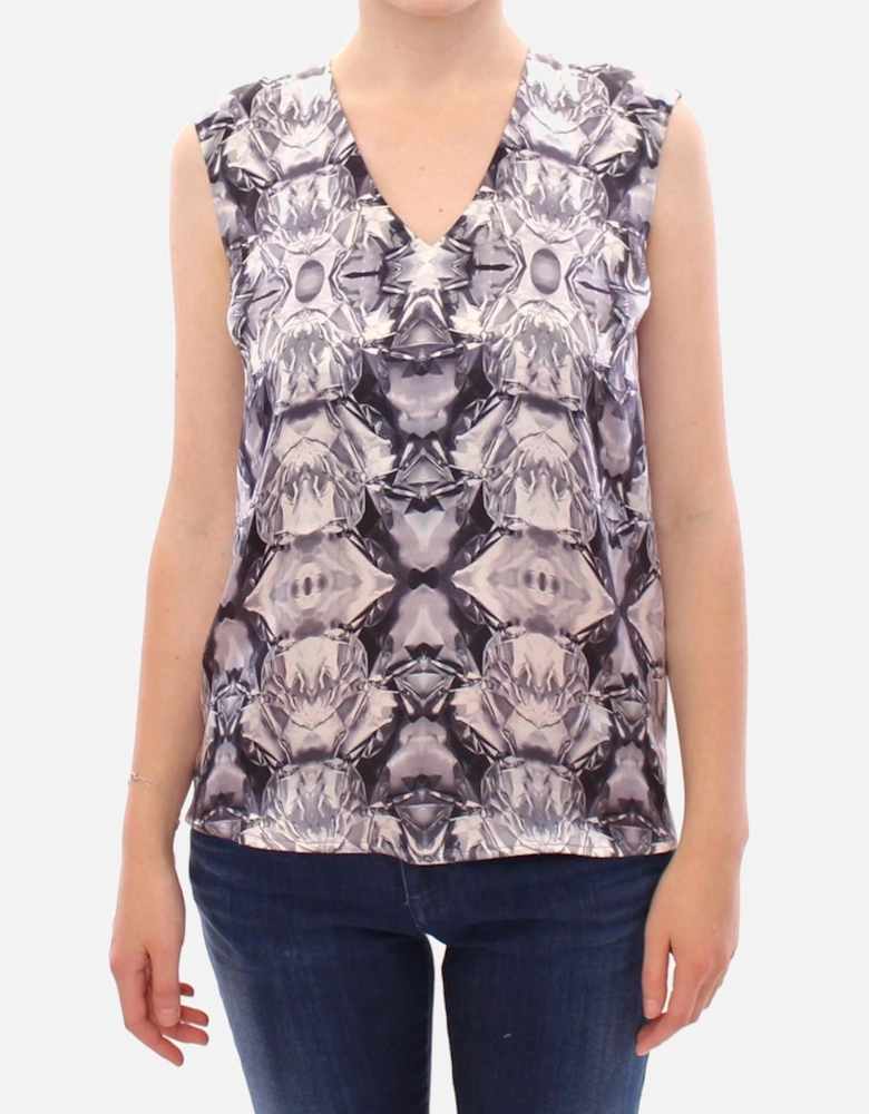Diamond Print Silk Top Sleeveless VNeck Women - Multicolor T-Shirts
