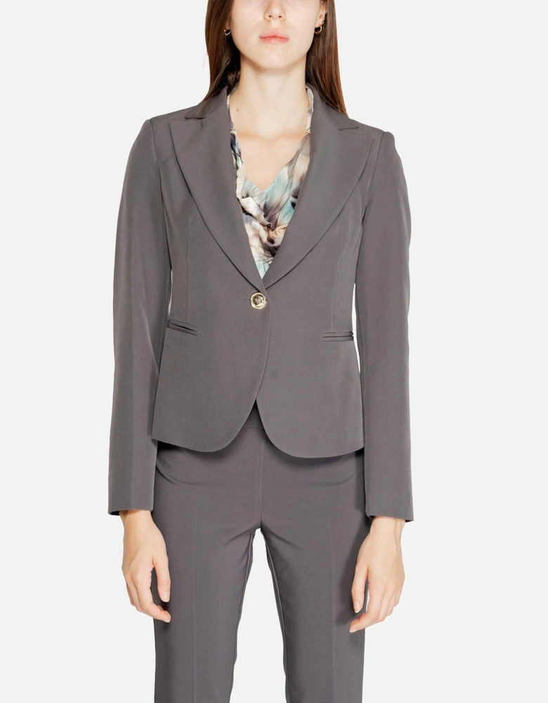 Lapel Collar Long Sleeve Polo with Front Pockets Women - Grey Blazers