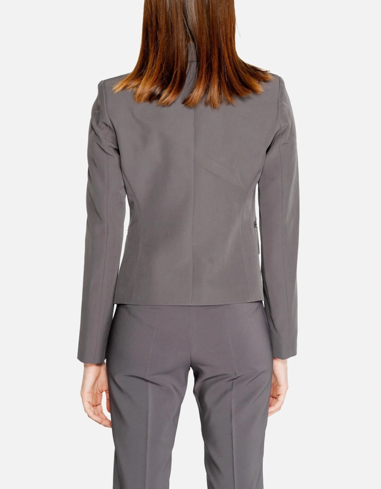 Lapel Collar Long Sleeve Polo with Front Pockets Women - Grey Blazers