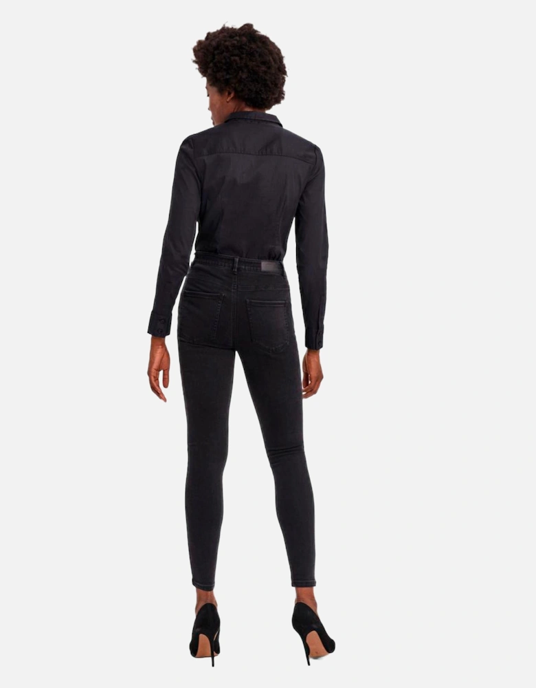 Long Sleeve Collared Blouse Fitted Bodysuit Women - Black Shirts