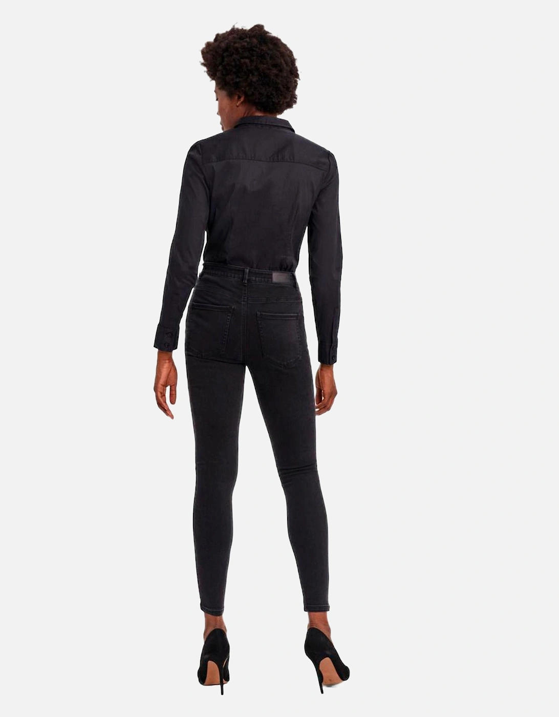 Long Sleeve Collared Blouse Fitted Bodysuit Women - Black Shirts