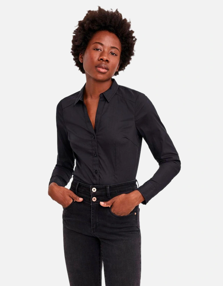 Long Sleeve Collared Blouse Fitted Bodysuit Women - Black Shirts