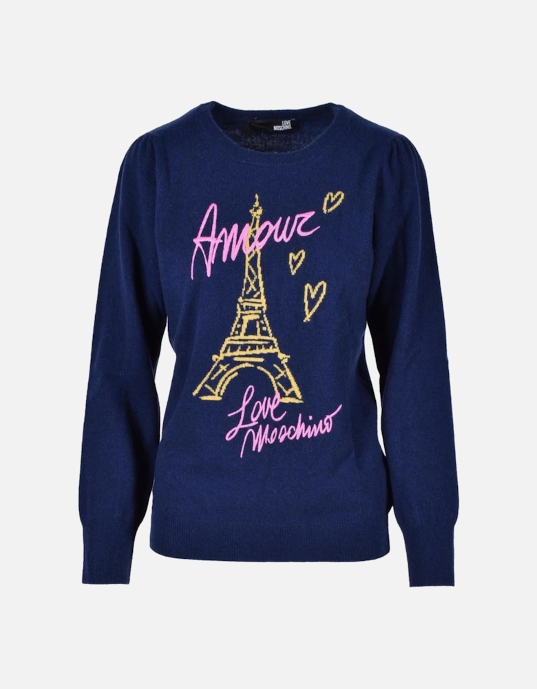 Blue Printed Knitwear with Long Sleeves and Round Neck Women