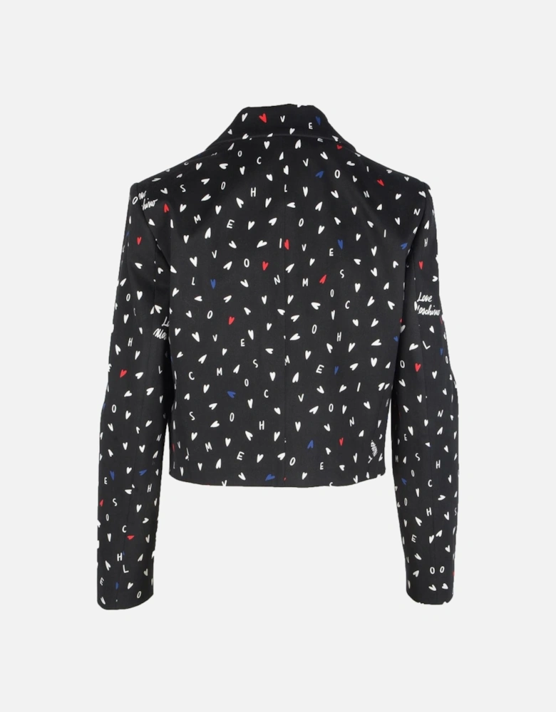 Womens Print Button Blazer - Black