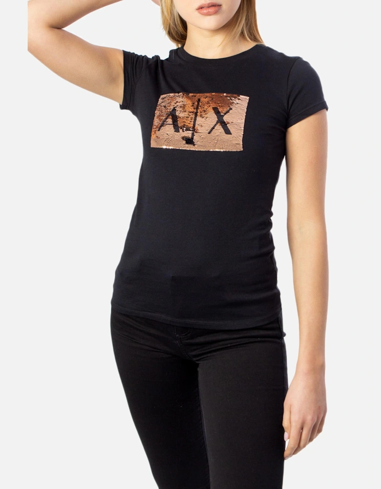 Printed Round Neck T-shirt with Paillettes Women - Black Shirts