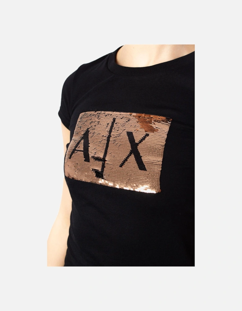 Printed Round Neck T-shirt with Paillettes Women - Black Shirts