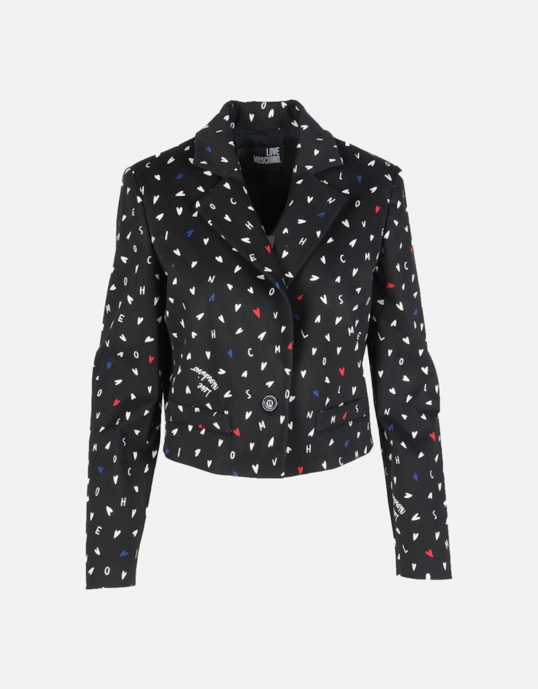 Womens Print Button Blazer - Black