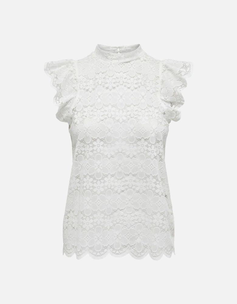 Lace Top Ruffled High Neck Women - White
