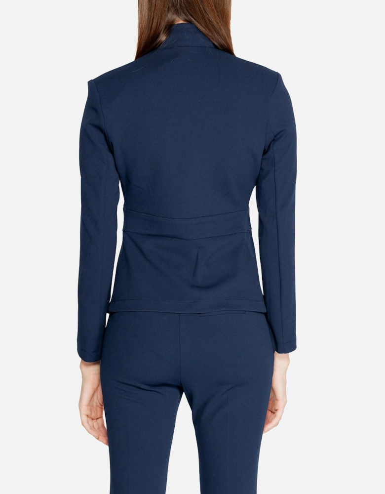 Lapel Collar Zip Blazer with Long Sleeves Women - Blue