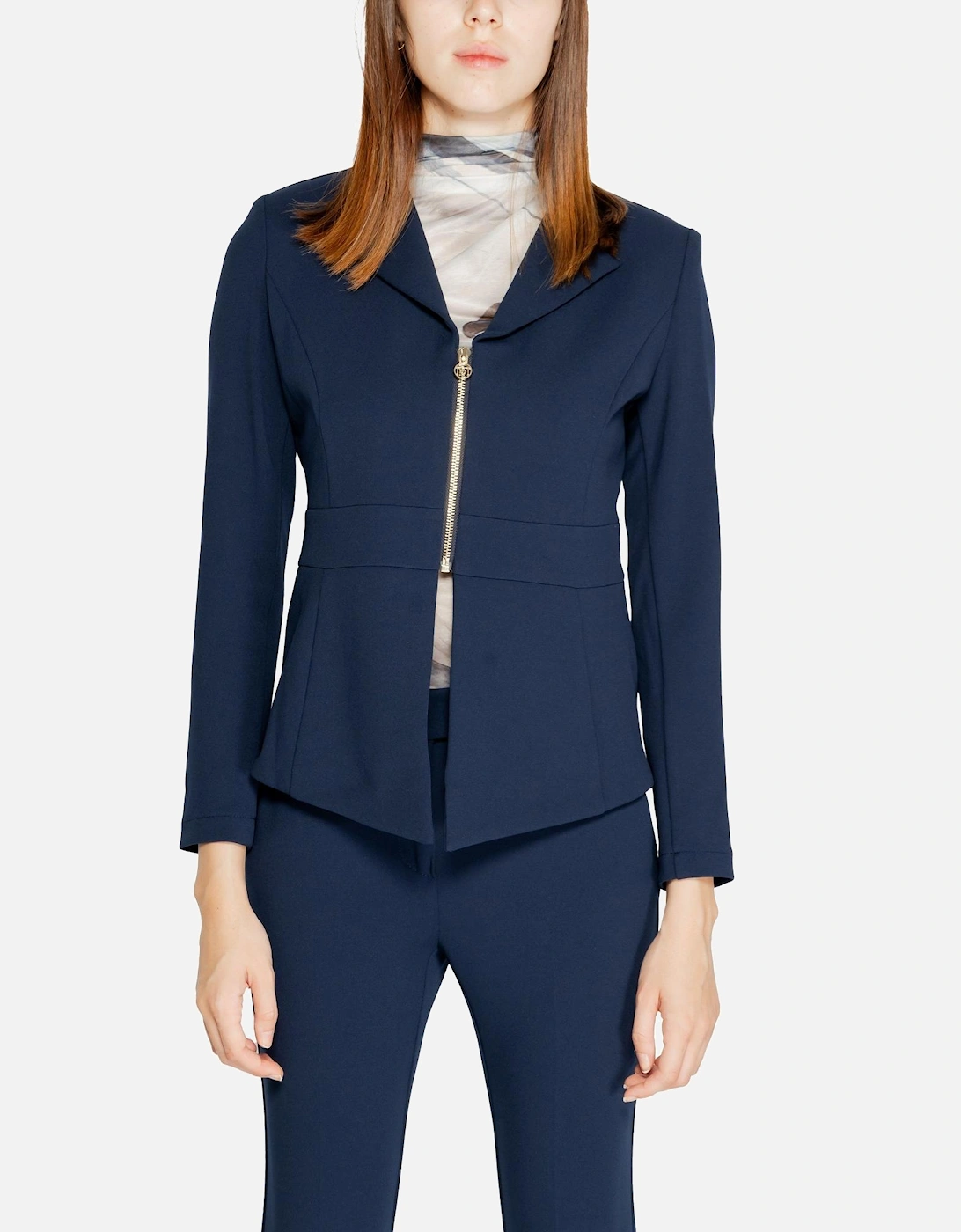 Lapel Collar Zip Blazer with Long Sleeves Women - Blue, 4 of 3