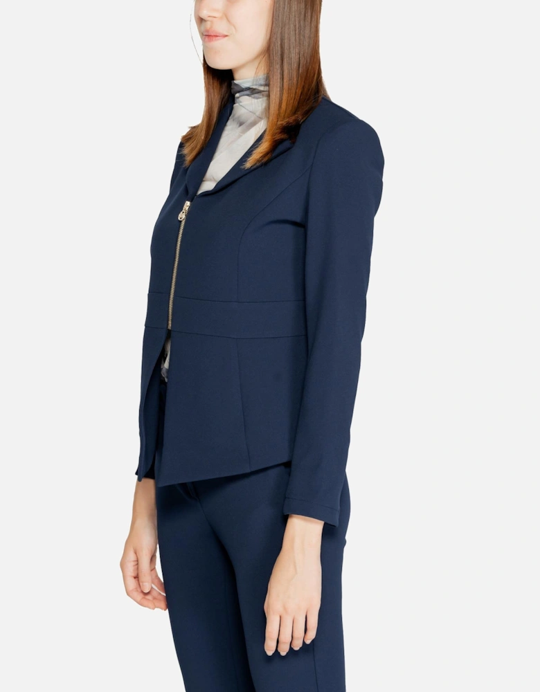Lapel Collar Zip Blazer with Long Sleeves Women - Blue