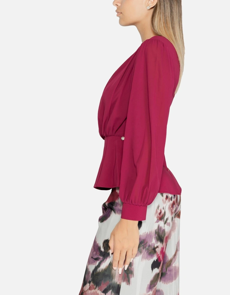 Round Neck Long Sleeve Button-Up Blouse Women - Bordeaux