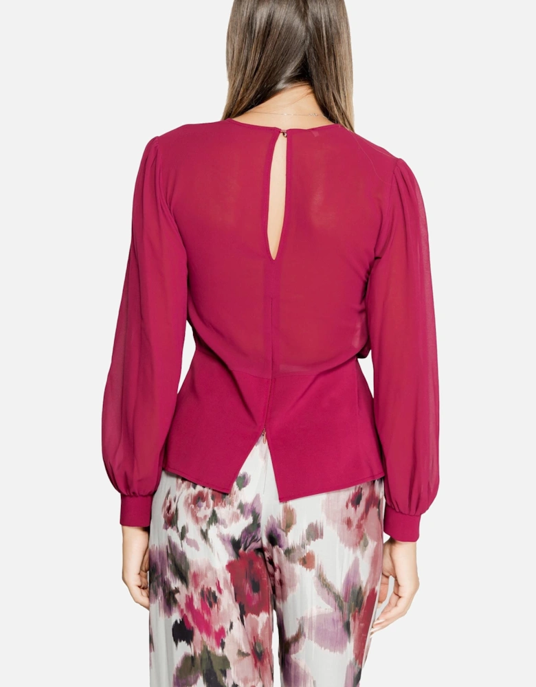 Round Neck Long Sleeve Button-Up Blouse Women - Bordeaux