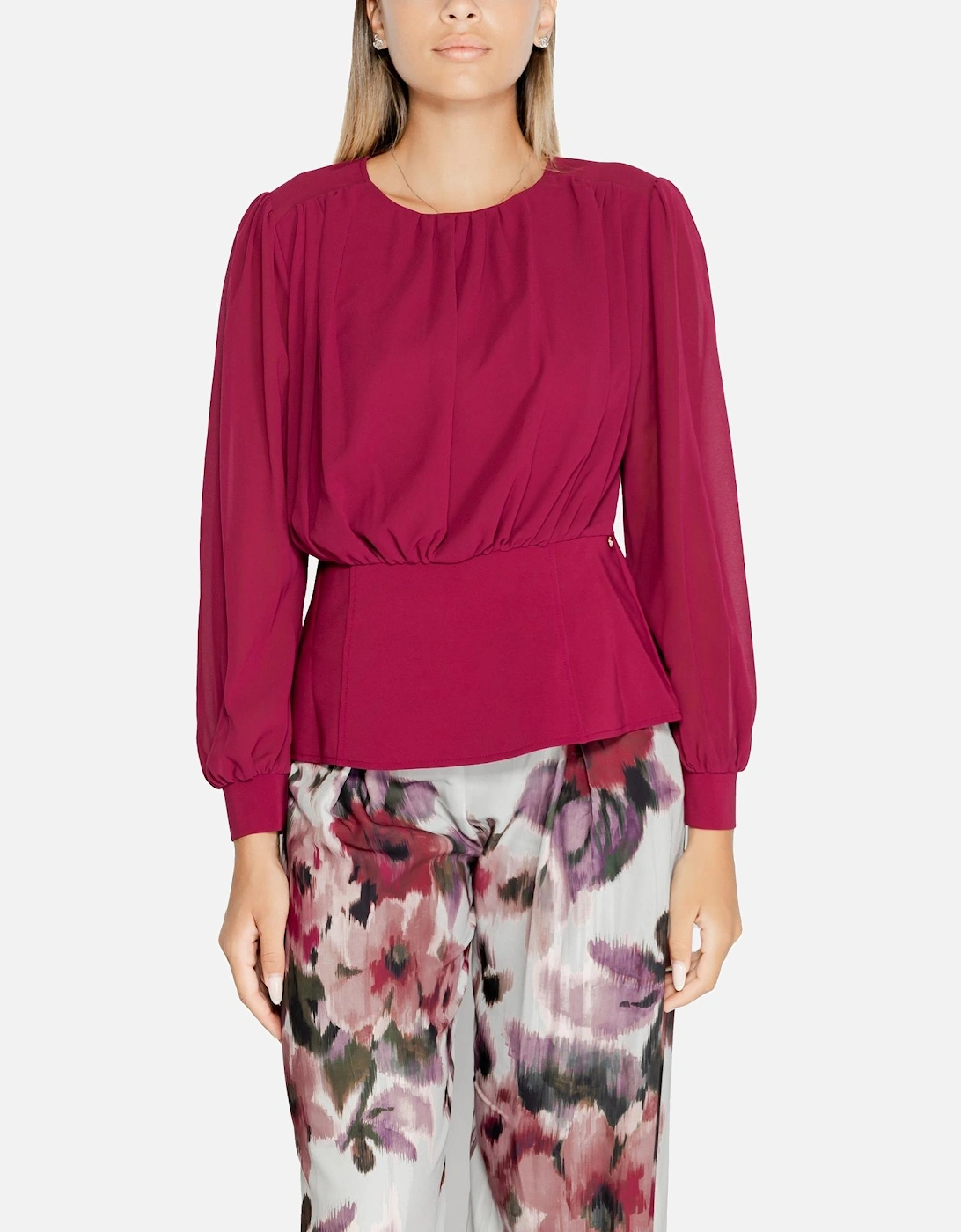 Round Neck Long Sleeve Button-Up Blouse Women - Bordeaux, 4 of 3