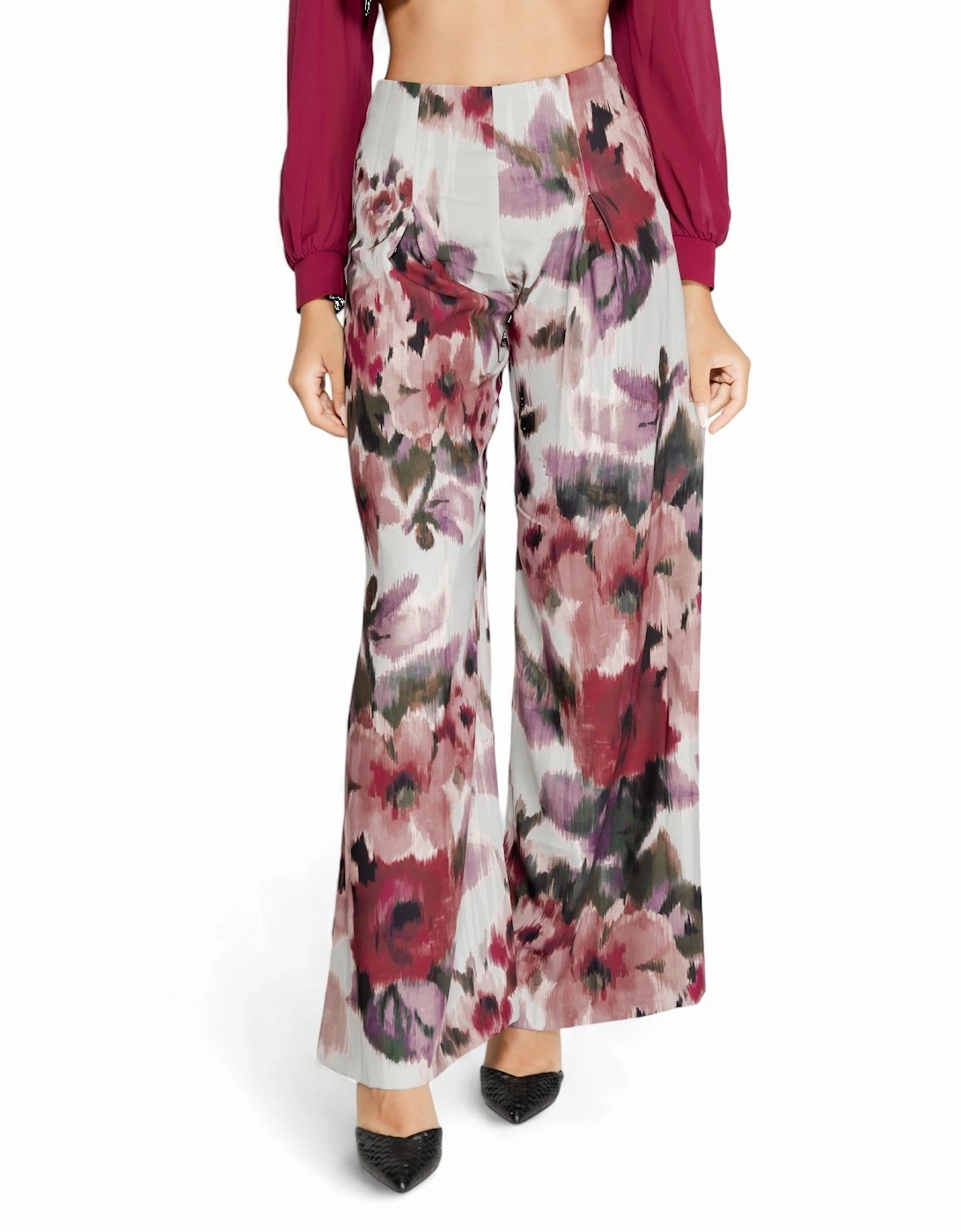 Floral Print Trousers with Zip Fastening Women - Bordeaux, 4 of 3