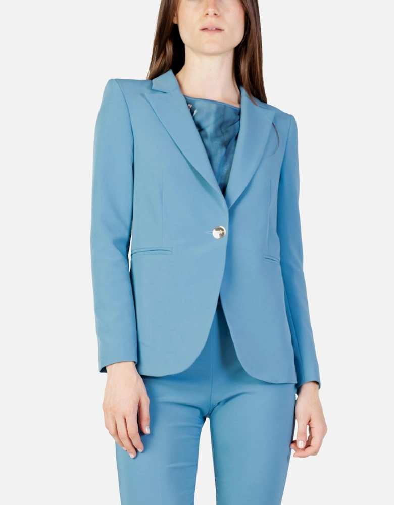 Buttoned Lapel Collar Long Sleeve Blazer Women - Turquoise