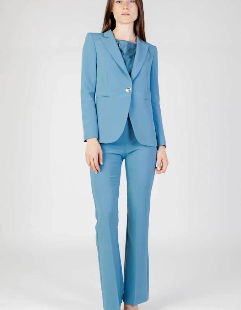 Buttoned Lapel Collar Long Sleeve Blazer Women - Turquoise