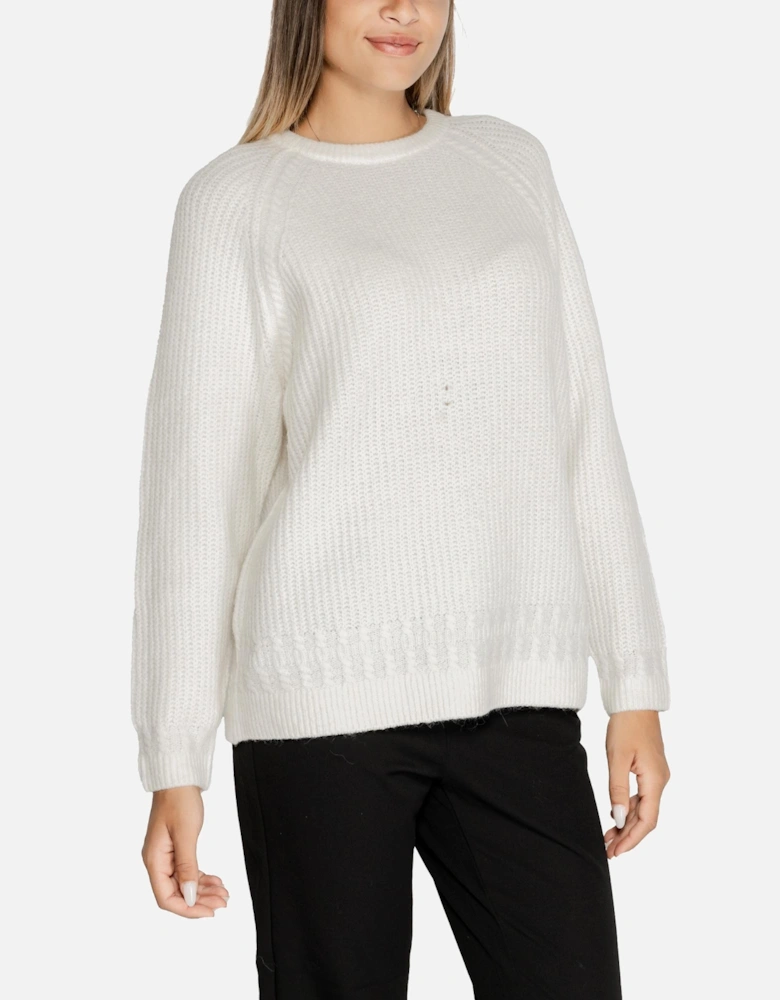 White Long Sleeve Round Neck Knitwear Women
