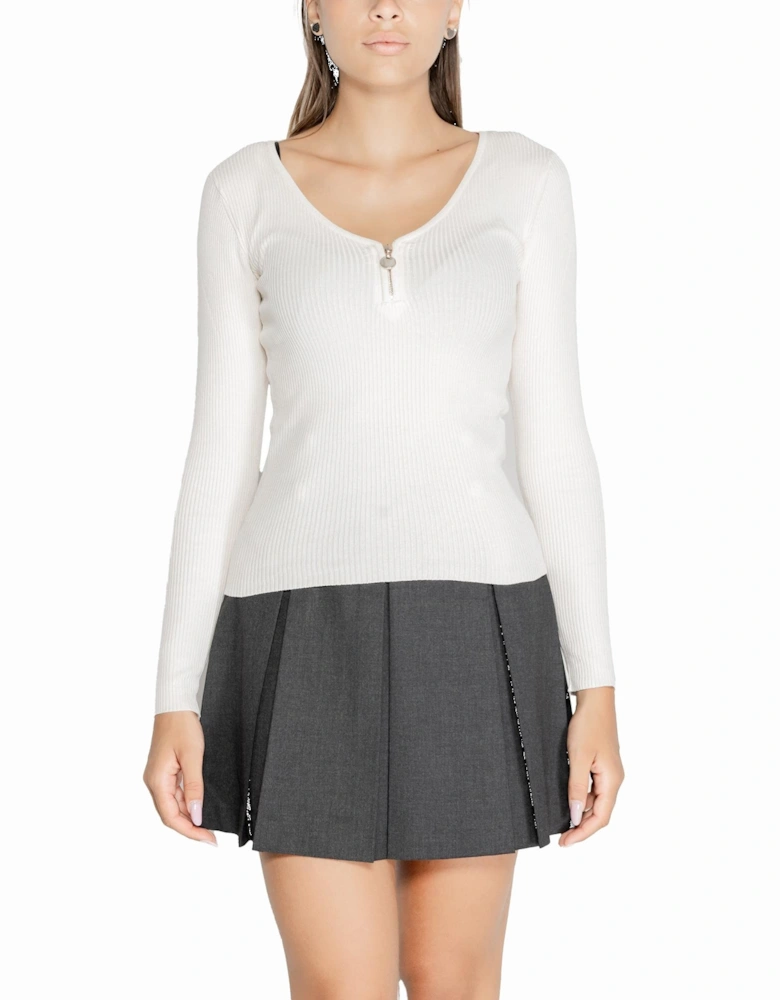 White Long Sleeve Low-Cut V-Neck Knitwear Women