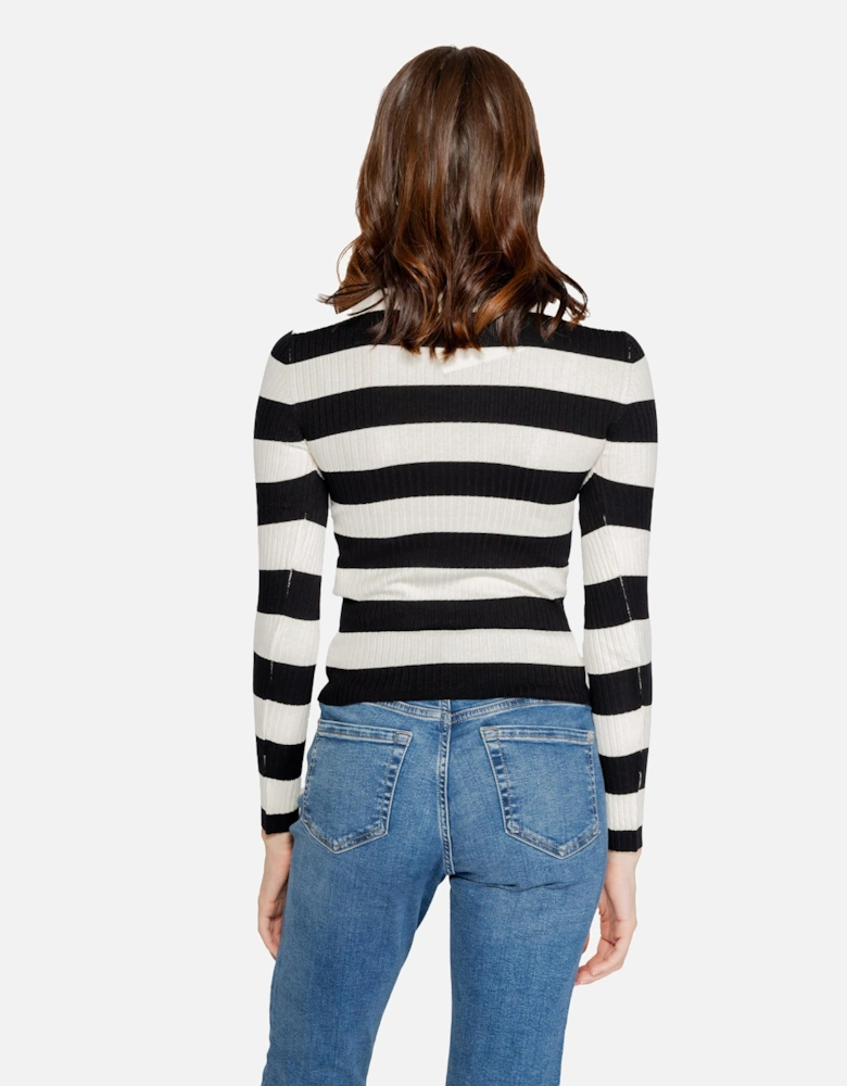 Black Striped Knit Round Neck Sweater Women Knitwear