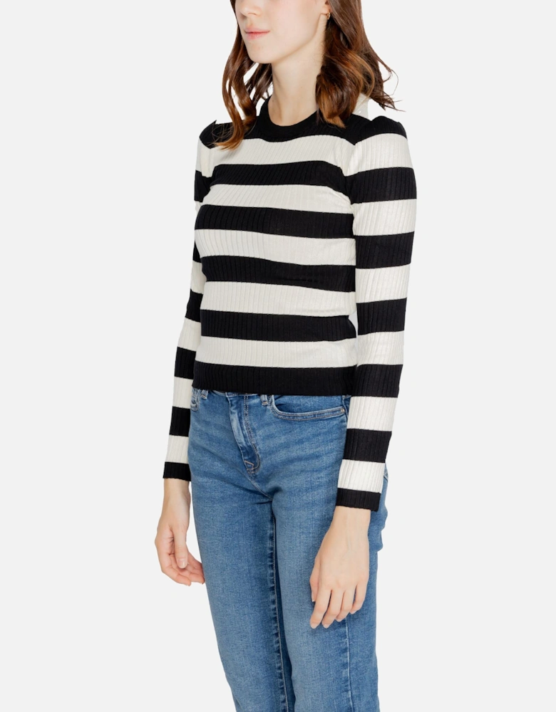 Black Striped Knit Round Neck Sweater Women Knitwear